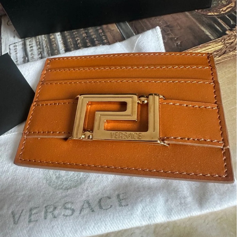 范思哲卡夾 短夾 焦糖色 大地色系 皮革 閒置 Versace gold color card holder-12