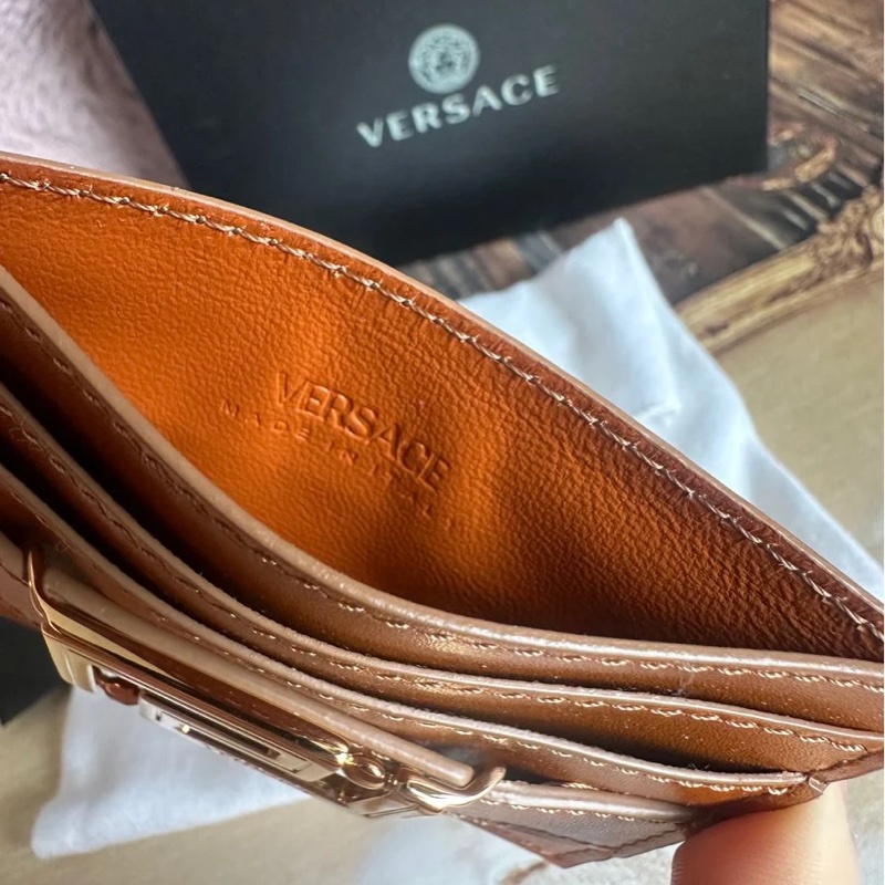 范思哲卡夾 短夾 焦糖色 大地色系 皮革 閒置 Versace gold color card holder-14
