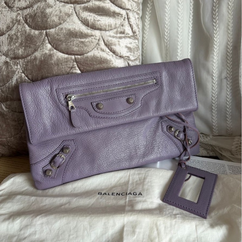 巴黎世家薰衣草色 手包 手提包機車包 皮革 balenciaga lavender purple Lambskin Motocross Giant 12 silver Envelope Clutch Bag 超夢幻顏色-5