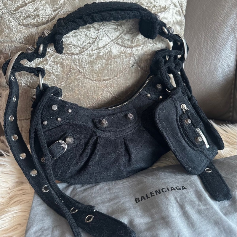 巴黎世家 斜挎包 側背包 黑色 毛巾質地 肩背包 斜挎包 相機包 機車包 黑色毛巾質地Balenciaga le cagole black bag-7