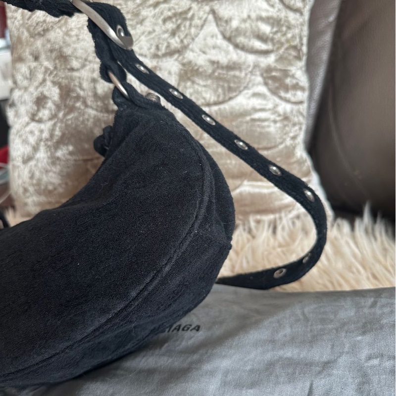 巴黎世家 斜挎包 側背包 黑色 毛巾質地 肩背包 斜挎包 相機包 機車包 黑色毛巾質地Balenciaga le cagole black bag-13