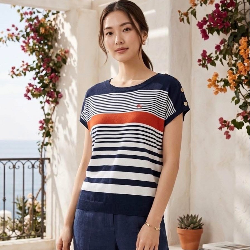 BURBERRY 藍標 肩扣橫條寬鬆型針織戰馬上衣-0