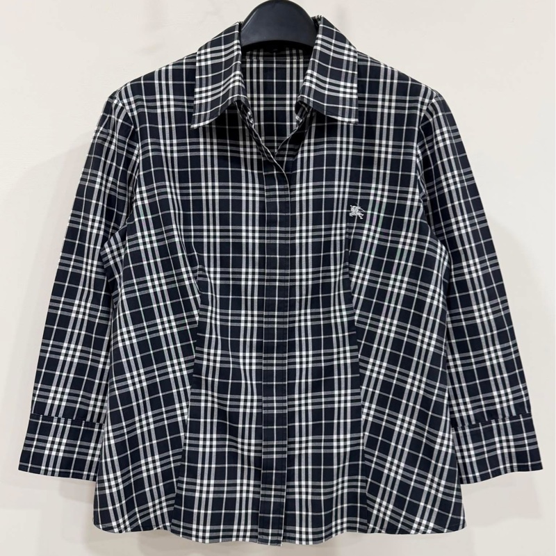 BURBERRY 倫敦 黑白格紋8分袖戰馬襯衫-1
