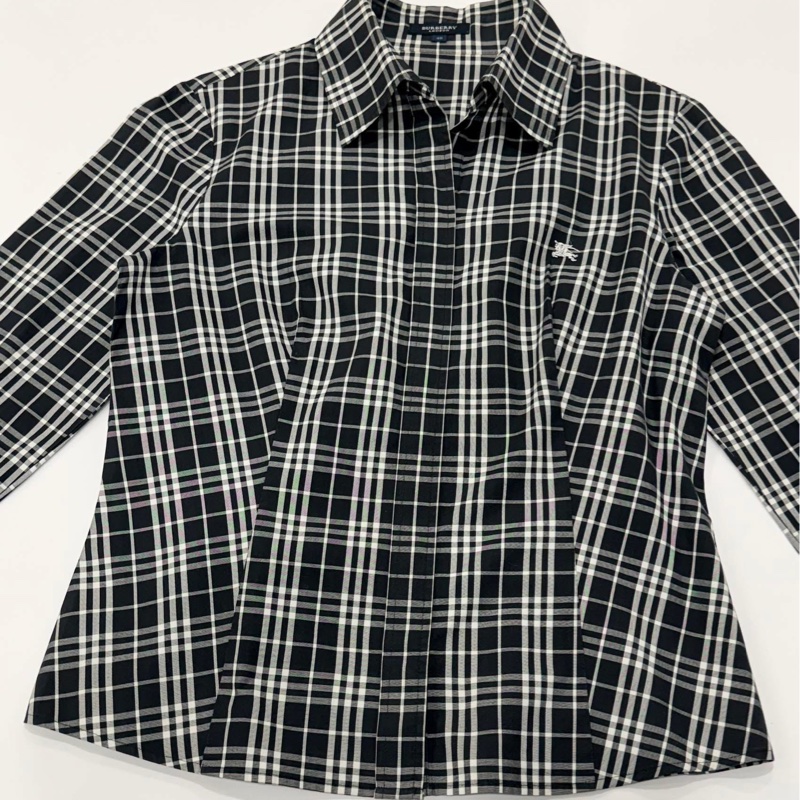 BURBERRY 倫敦 黑白格紋8分袖戰馬襯衫-5