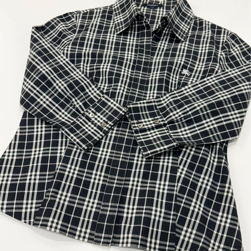BURBERRY 倫敦 黑白格紋8分袖戰馬襯衫-6
