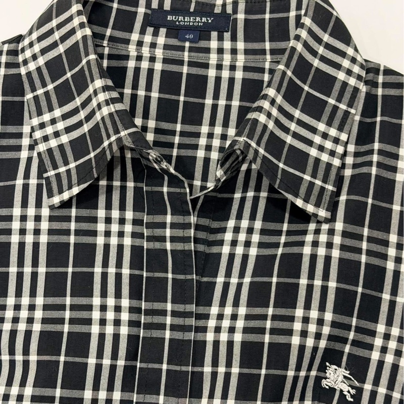 BURBERRY 倫敦 黑白格紋8分袖戰馬襯衫-8