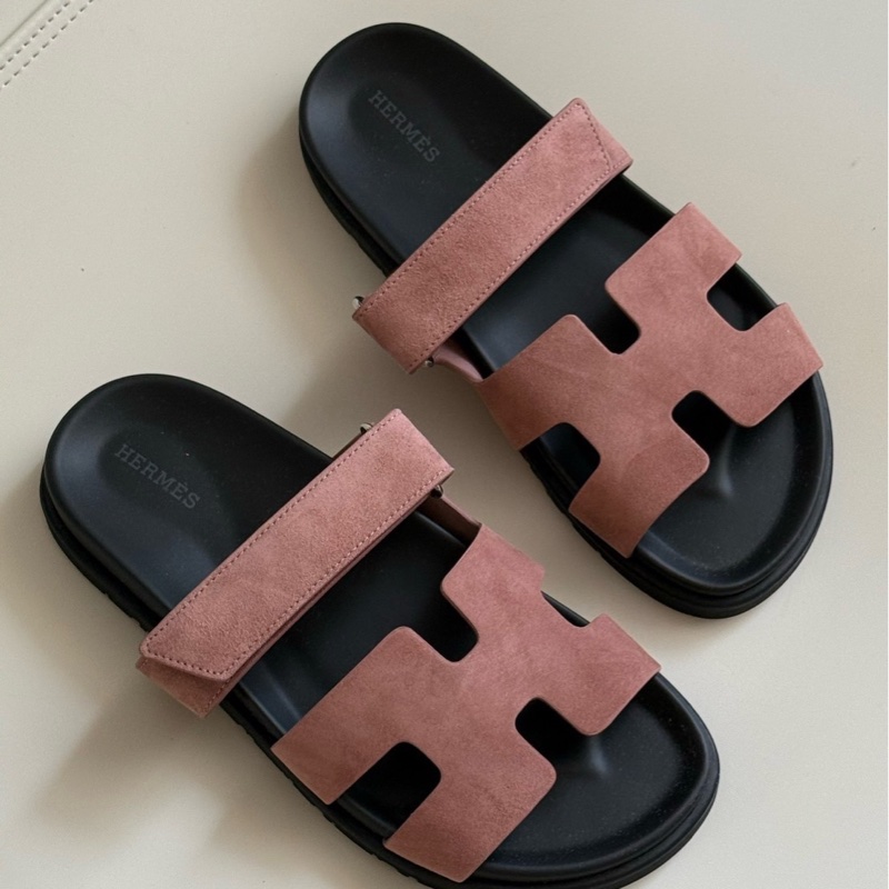 全新愛馬仕Hermes Chypre二舅拖 麂皮乾燥玫瑰粉 37號-3