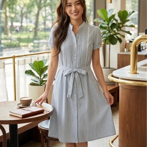 BURBERRY 蕾絲滾邊直條紋腰帶戰馬洋裝