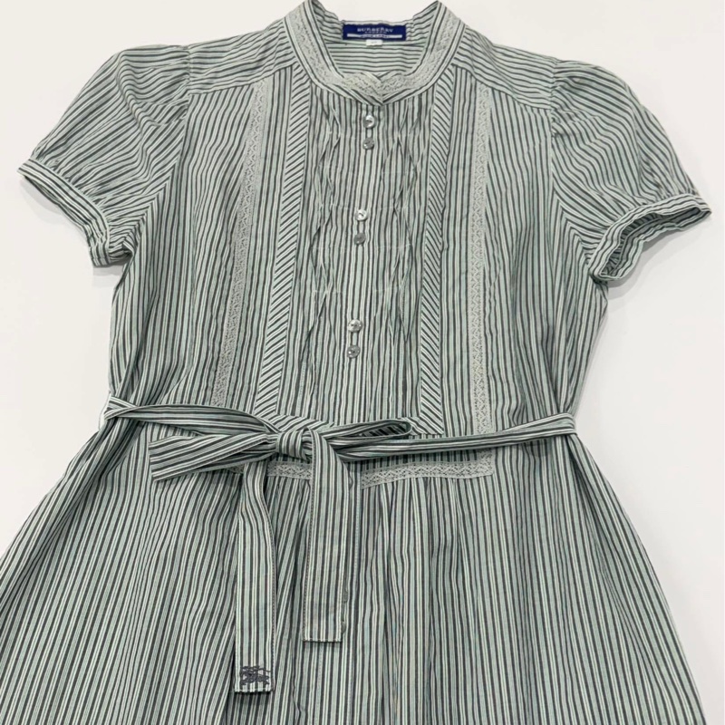 BURBERRY 蕾絲滾邊直條紋腰帶戰馬洋裝-3