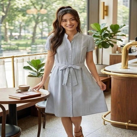 BURBERRY 蕾絲滾邊直條紋腰帶戰馬洋裝
