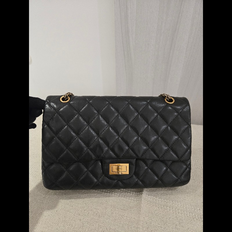 香奈兒 Chanel 2.55 Reissue 黃金尺寸 黑金方扣羊皮鍊條包 肩背包 斜背包-8