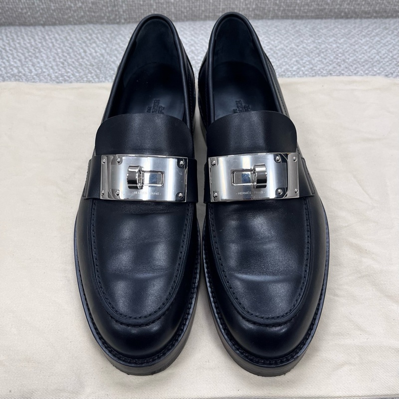 99新HERMES愛馬仕 Hot 二層牛皮 圓頭套腳 樂福鞋 女款 黑色 38碼-1