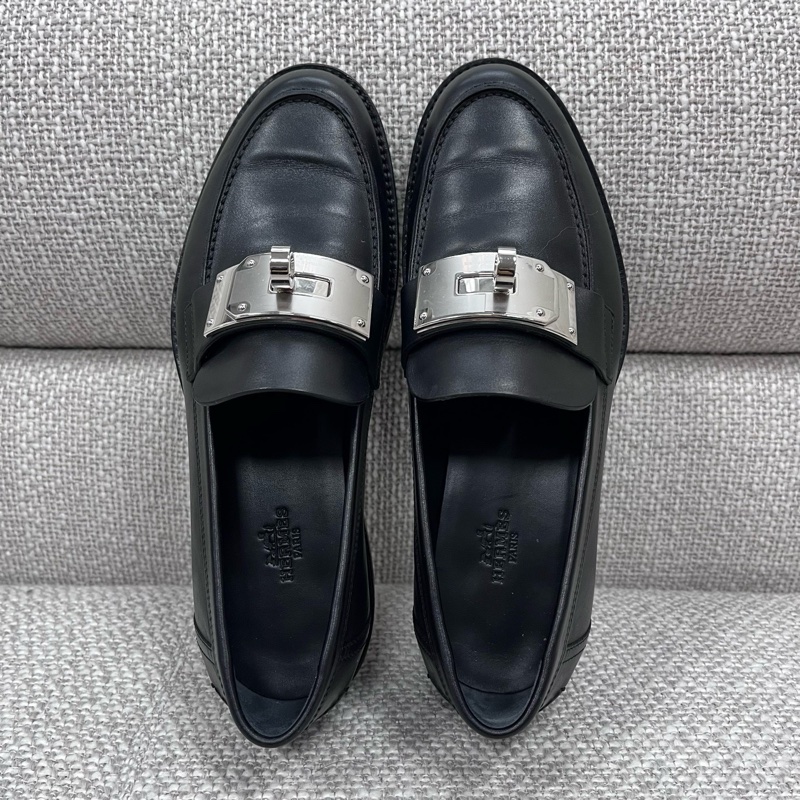 99新HERMES愛馬仕 Hot 二層牛皮 圓頭套腳 樂福鞋 女款 黑色 38碼-4