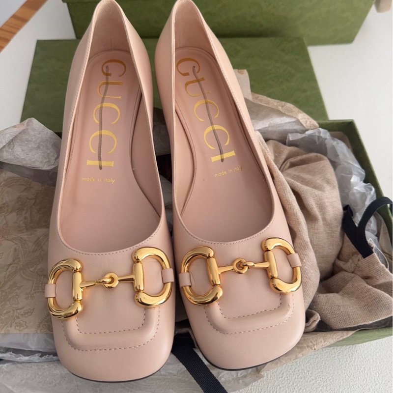 【全新品】員購Gucci古馳粉色馬蹄扣經典高跟鞋 36號-0