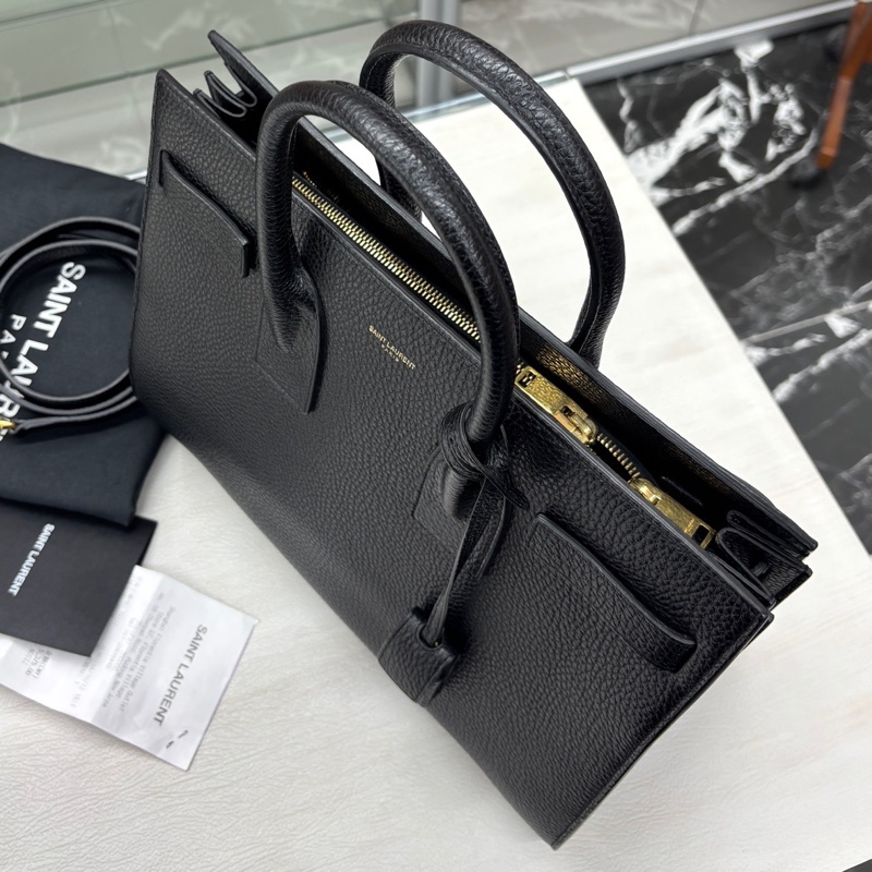 【近新閒置品】YSL 黑金荔紋牛皮中號手提包肩背斜背包-4