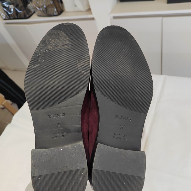 99新Hermes愛馬仕暗紅色樂福鞋 39碼 ,麂皮材質-6