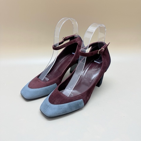 Hermes/愛馬仕 藍紅拼色綁帶高跟鞋 36.5碼
