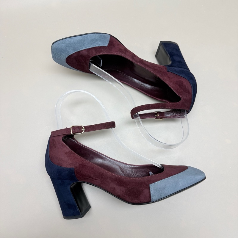 Hermes/愛馬仕 藍紅拼色綁帶高跟鞋 36.5碼-3