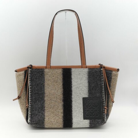 Loewe 羅威 Cushion 多色條紋毛氈 棕色牛皮 拼接大型托特包 手提包