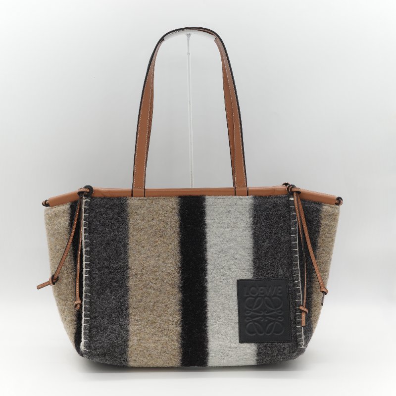 Loewe 羅威 Cushion 多色條紋毛氈 棕色牛皮 拼接大型托特包 手提包-0