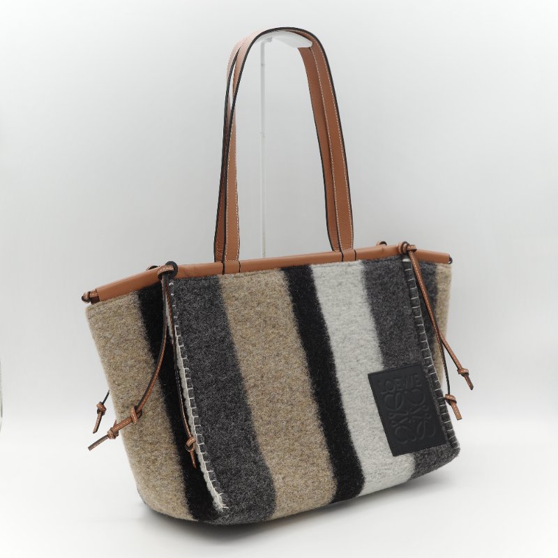 Loewe 羅威 Cushion 多色條紋毛氈 棕色牛皮 拼接大型托特包 手提包-1