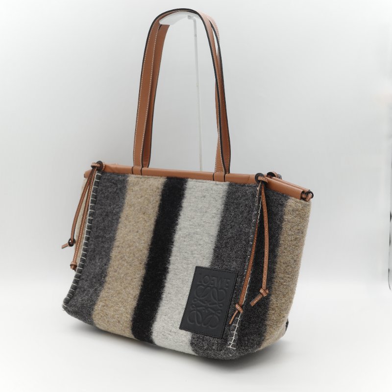 Loewe 羅威 Cushion 多色條紋毛氈 棕色牛皮 拼接大型托特包 手提包-2