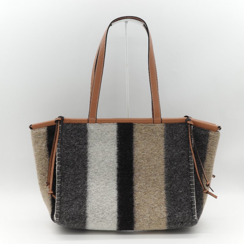 Loewe 羅威 Cushion 多色條紋毛氈 棕色牛皮 拼接大型托特包 手提包-3
