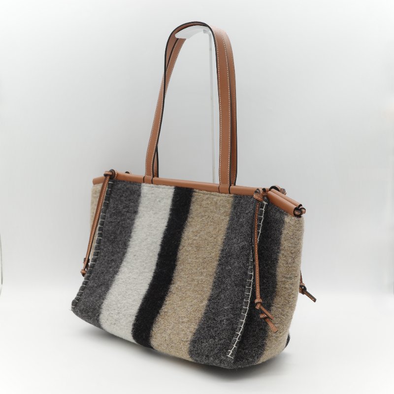 Loewe 羅威 Cushion 多色條紋毛氈 棕色牛皮 拼接大型托特包 手提包-4