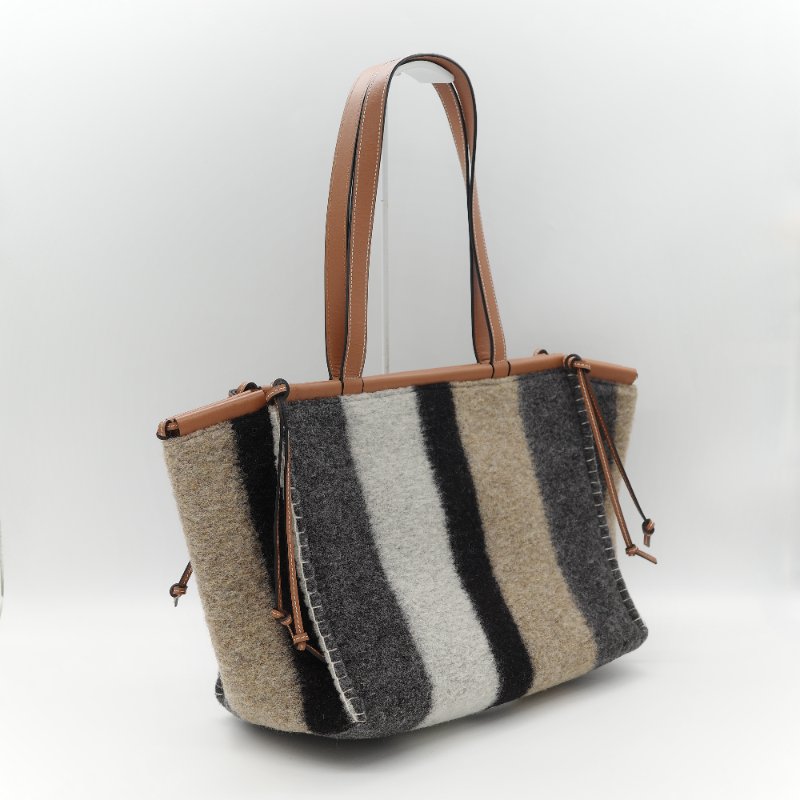Loewe 羅威 Cushion 多色條紋毛氈 棕色牛皮 拼接大型托特包 手提包-5