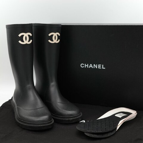 （配件齊全）Chanel 香奈兒 黑色橡膠 白色雙 C Logo 雨鞋 EU42