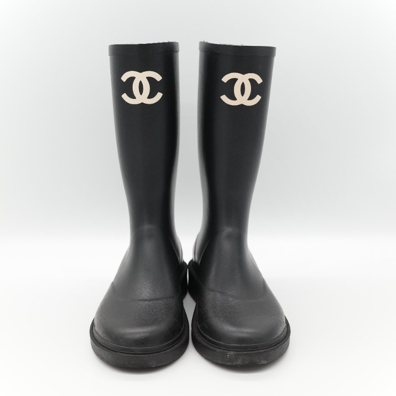 （配件齊全）Chanel 香奈兒 黑色橡膠 白色雙 C Logo 雨鞋 EU42-1