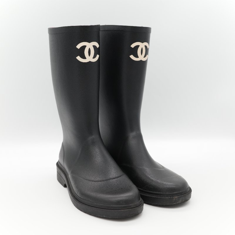 （配件齊全）Chanel 香奈兒 黑色橡膠 白色雙 C Logo 雨鞋 EU42-2