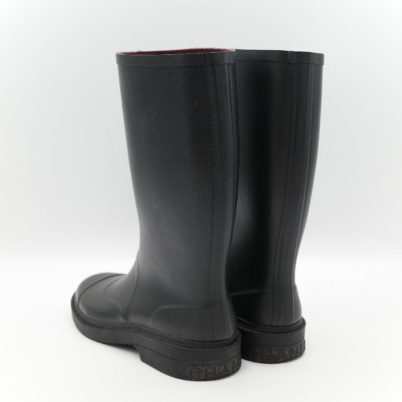 （配件齊全）Chanel 香奈兒 黑色橡膠 白色雙 C Logo 雨鞋 EU42-5
