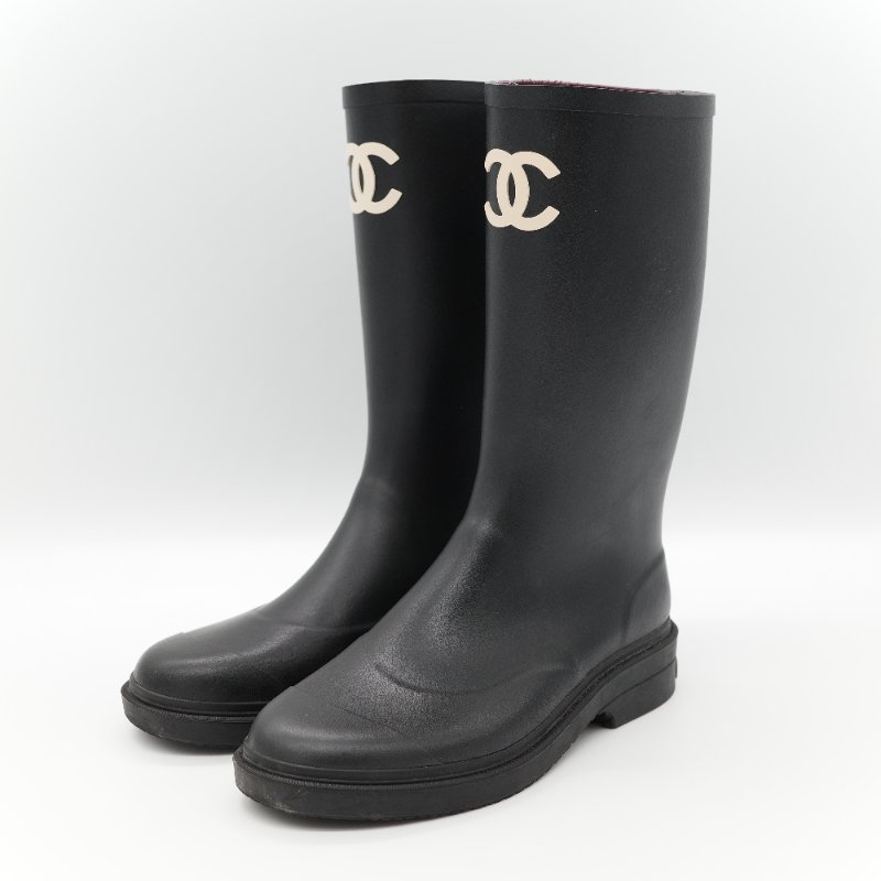（配件齊全）Chanel 香奈兒 黑色橡膠 白色雙 C Logo 雨鞋 EU42-6