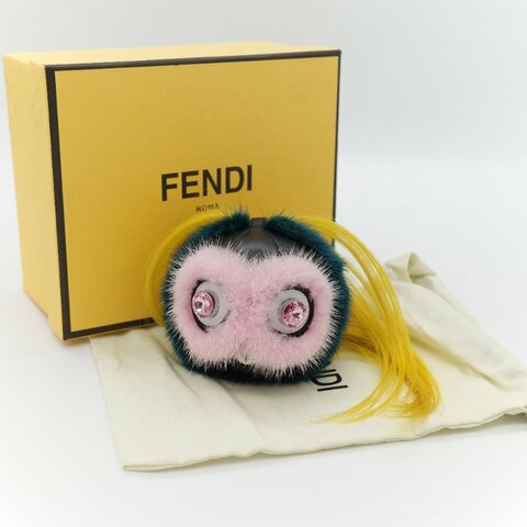 （絕版品）Fendi 芬迪 Monster 小怪獸 蘋果 粉紅水鑽 深綠色 貂毛 狐狸毛 吊飾