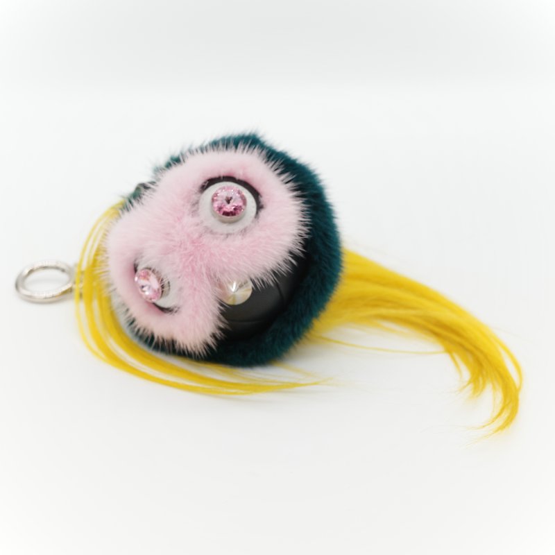 (絕版品)Fendi 芬迪 Monster 小怪獸 蘋果 粉紅水鑽 深綠色 貂毛 狐狸毛 吊飾-3