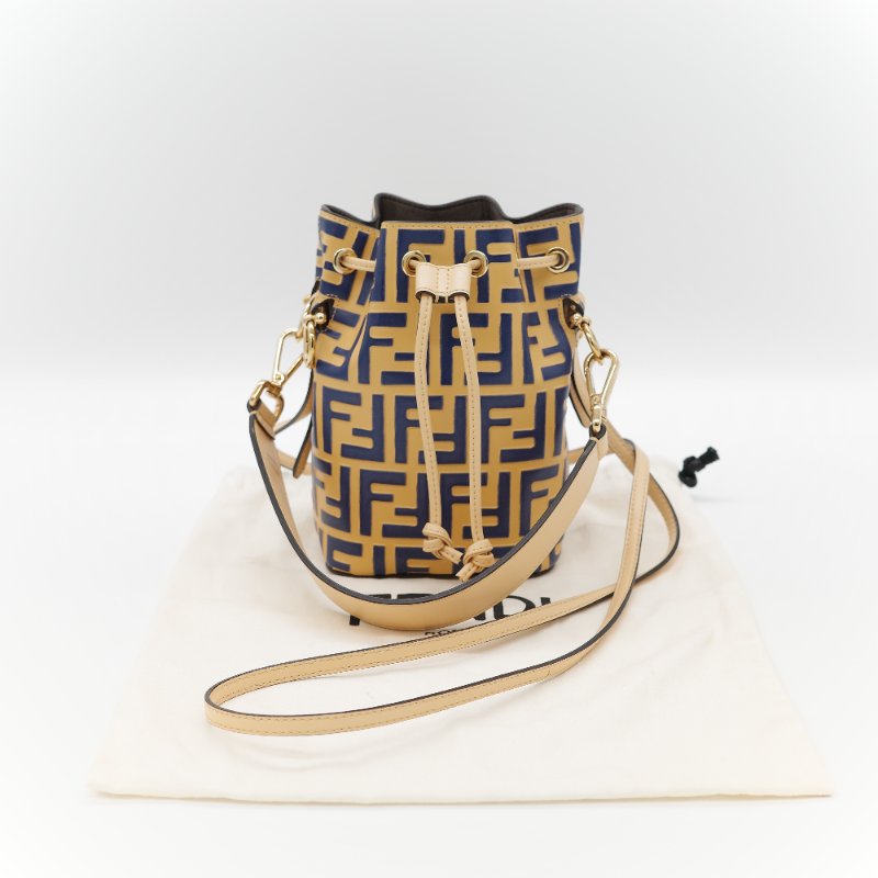 (超級新♥️)Fendi 芬迪 Bucket 經典 FF 花紋 芥末黃色牛皮 藍色 水桶包 斜挎包 單肩包-0