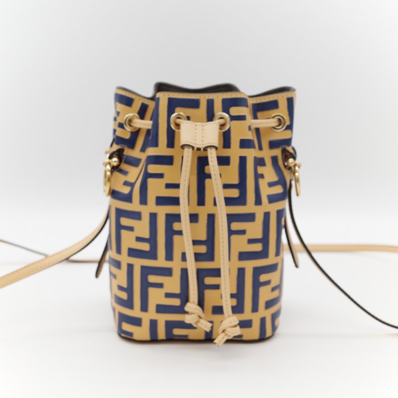 (超級新♥️)Fendi 芬迪 Bucket 經典 FF 花紋 芥末黃色牛皮 藍色 水桶包 斜挎包 單肩包-1