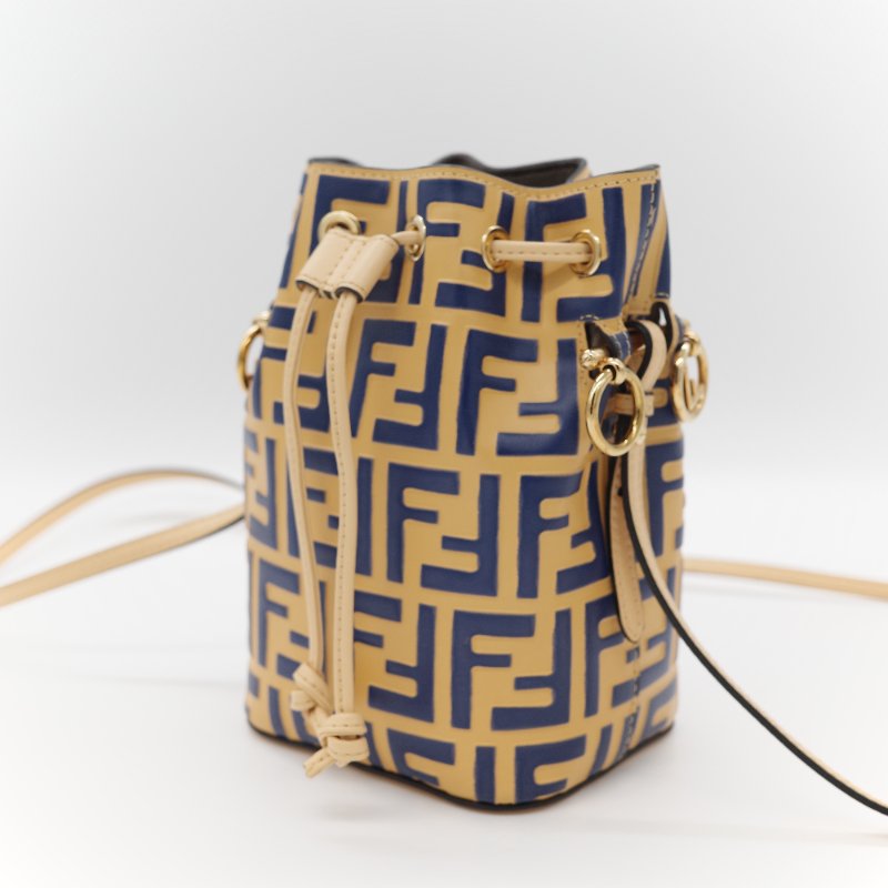 (超級新♥️)Fendi 芬迪 Bucket 經典 FF 花紋 芥末黃色牛皮 藍色 水桶包 斜挎包 單肩包-2
