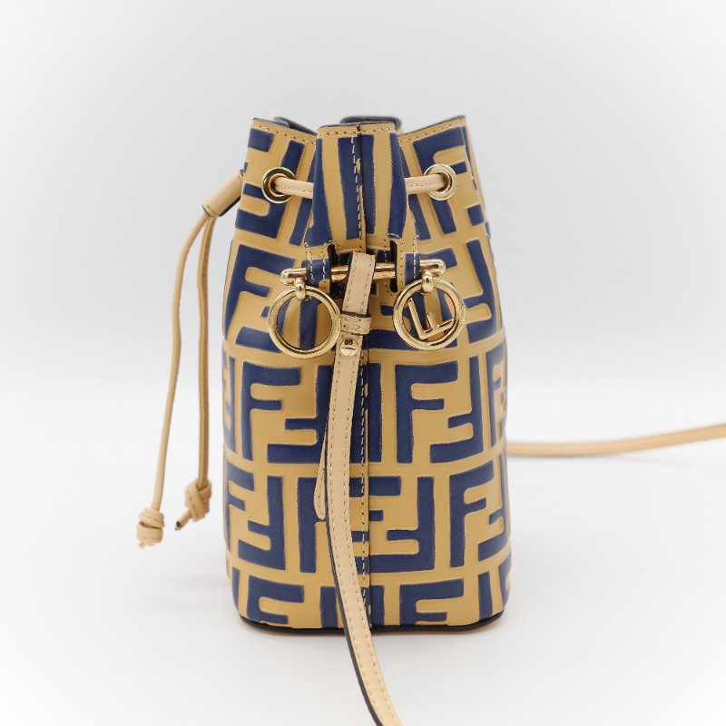 (超級新♥️)Fendi 芬迪 Bucket 經典 FF 花紋 芥末黃色牛皮 藍色 水桶包 斜挎包 單肩包-3