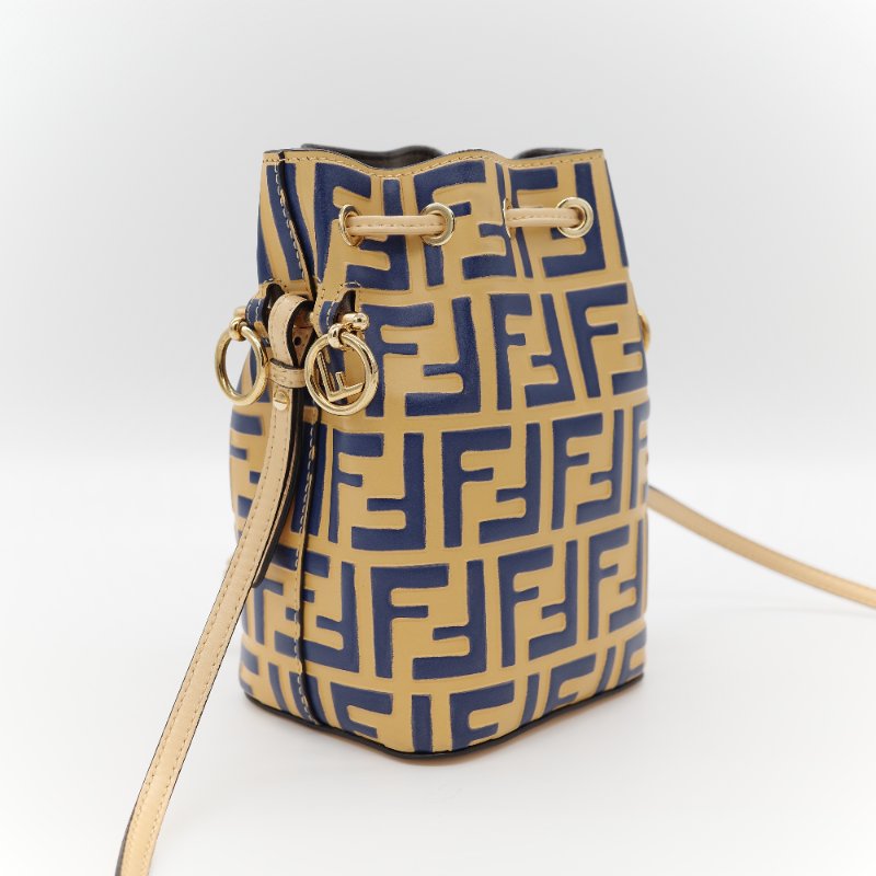 (超級新♥️)Fendi 芬迪 Bucket 經典 FF 花紋 芥末黃色牛皮 藍色 水桶包 斜挎包 單肩包-4