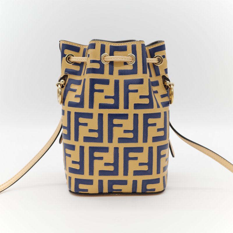 (超級新♥️)Fendi 芬迪 Bucket 經典 FF 花紋 芥末黃色牛皮 藍色 水桶包 斜挎包 單肩包-5