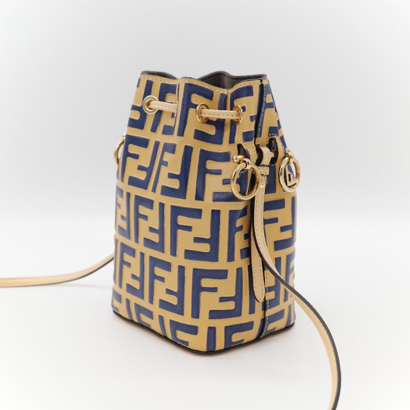 (超級新♥️)Fendi 芬迪 Bucket 經典 FF 花紋 芥末黃色牛皮 藍色 水桶包 斜挎包 單肩包-6