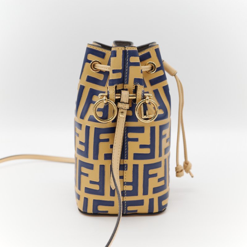 (超級新♥️)Fendi 芬迪 Bucket 經典 FF 花紋 芥末黃色牛皮 藍色 水桶包 斜挎包 單肩包-7