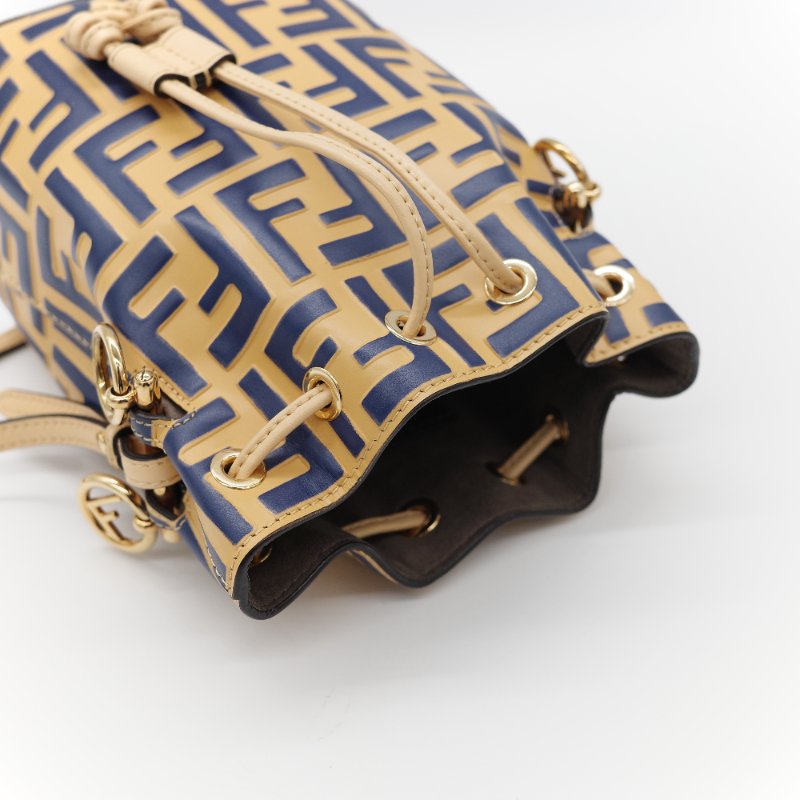 (超級新♥️)Fendi 芬迪 Bucket 經典 FF 花紋 芥末黃色牛皮 藍色 水桶包 斜挎包 單肩包-11