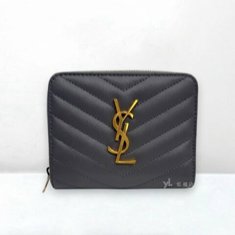 S5365-YSL 灰魚子醬牛皮金扣兩折短夾668288