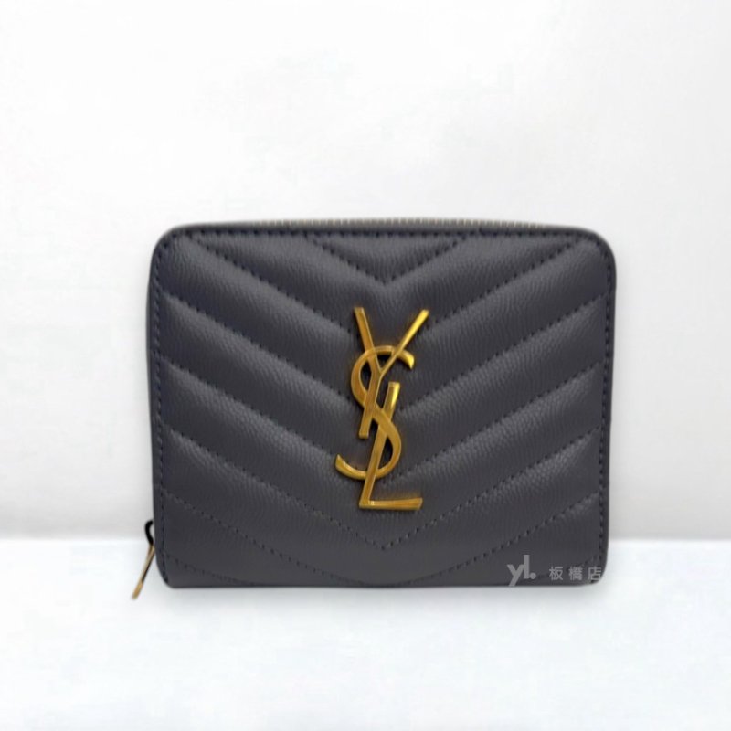 S5365-YSL 灰魚子醬牛皮金扣兩折短夾668288-0
