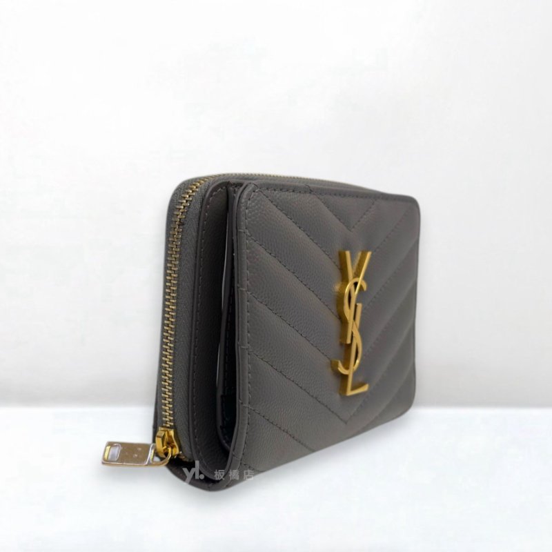 S5365-YSL 灰魚子醬牛皮金扣兩折短夾668288-1