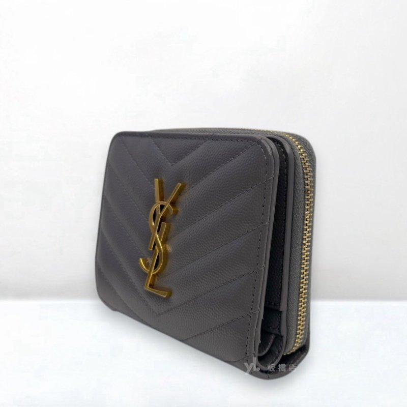 S5365-YSL 灰魚子醬牛皮金扣兩折短夾668288-2