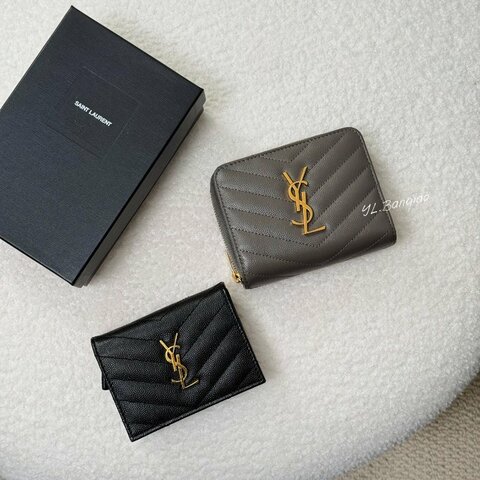 S5365-YSL 灰魚子醬牛皮金扣兩折短夾668288